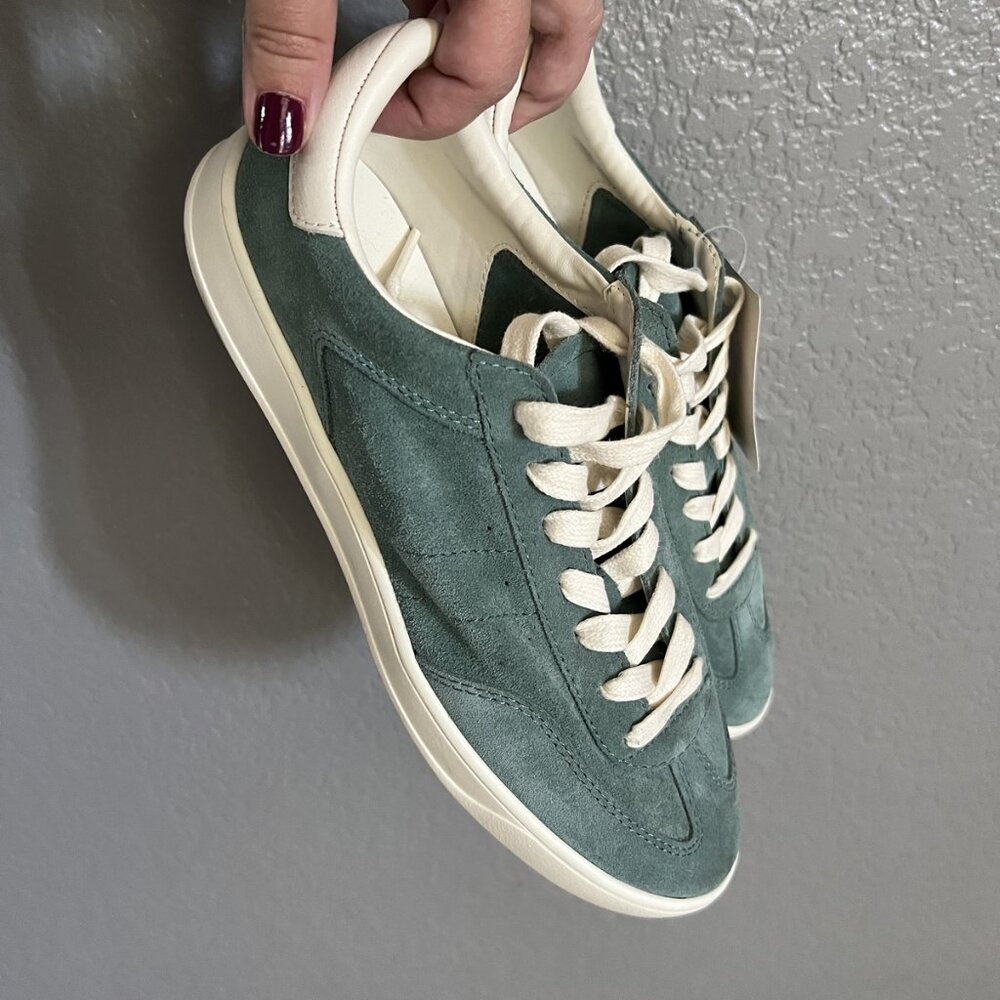Zara Size 7 Stylish Green Suede Sneakers with Cream Laces - Women's Casual Comfo